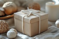 Wrapped kraft gift box with twine bow surrounded by natural decorative elements including wooden spheres and woven balls on neutral fabric background for holiday gifting and packaging design.