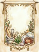 Vintage watercolor scroll frame with cooking utensils, herbs, and kitchenware, featuring ornate golden borders and blank space for text.