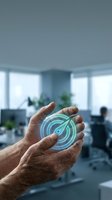 Hands holding glowing digital radar or sonar interface in modern office environment for technology and innovation concepts.