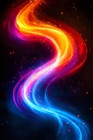 Vibrant cosmic energy wave flowing through space with glowing particles and stars creating dynamic rainbow spiral motion against dark universe background.