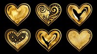 Six golden watercolor hearts with ornate patterns, isolated on transparent background. Ready for Valentine clipart, stickers, t-shirt design, sublimation, and print on demand.