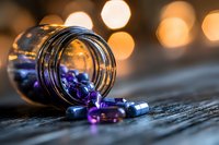 Purple and blue pills spilling from glass bottle on wooden surface with warm bokeh lights in background, dramatic medical still life composition.