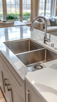 Modern double basin stainless steel sink with pull-down faucet in luxury kitchen featuring white quartz countertop and gray cabinetry, natural light from windows.
