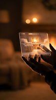 Hand holding transparent tablet displaying cozy living room with fireplace and warm lighting against blurred interior background. Perfect for home automation, smart home technology, interior design apps, real estate platforms.