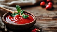 Fresh tomato soup garnished with mint leaves in wooden bowl on rustic table with raw ingredients. Homemade creamy vegetarian appetizer for restaurant menu.