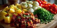 Colorful ingredients arranged on wooden cutting board - diced potatoes, mozzarella balls, chopped red peppers, fresh herbs, and bacon bits for gourmet cooking preparation.
