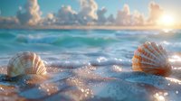 Seashells on sandy beach at sunset with turquoise ocean waves and dramatic sky, perfect for travel websites, summer vacation promotions, and spa wellness designs.