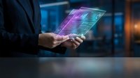 Businessman holding transparent holographic tablet with glowing neon interface displaying digital data and analytics for technology, innovation, and futuristic business solutions.