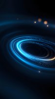 Glowing blue spiral of light particles creating dynamic circular motion against dark background, with scattered bokeh effects adding depth and dimension.