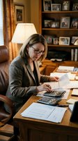 Middle-aged Caucasian businesswoman working with documents and calculator at wooden desk in warm home office with family photos on bookshelf background.