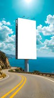 Blank white billboard on coastal highway with ocean view and blue sky for advertising mockup and marketing campaigns.