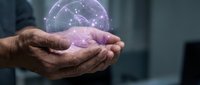 Elderly hands cupping glowing purple digital sphere with network connections representing technology, innovation, and digital transformation concepts.