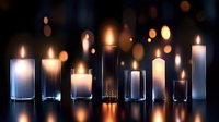 Glowing candles in glass holders create atmospheric lighting against dark background with soft bokeh effect, setting romantic mood for evening events.
