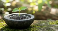 Young green seedling growing in stone bowl on wooden surface with natural bokeh background for gardening and growth concepts.