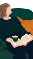 Young woman in dark sweater relaxing on green couch with open book and coffee cup, minimalist illustration style showing cozy reading moment at home.