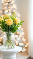 Yellow roses in glass vase on marble table with warm bokeh lights background creating romantic atmosphere for home decor and special occasions.