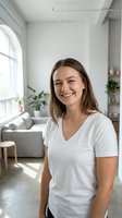 Happy young Caucasian woman in white t-shirt smiling at camera in bright modern living room with natural light and plants for lifestyle content.