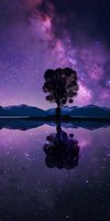 Solitary tree silhouette reflected in calm lake water beneath vibrant purple and pink galaxy sky with stars, mountains in background. Ideal for nature, astronomy, and inspirational designs.