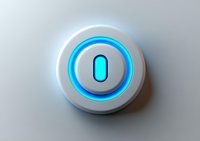 Glowing power button with blue LED light ring on silver surface, modern minimalist design for technology and electronics interfaces.