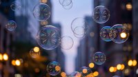 Colorful soap bubbles floating in urban evening air with warm bokeh lights creating magical atmosphere for celebration and joy concepts.