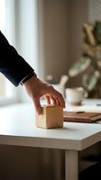 Businessman hand placing wooden cube block on white desk in modern office interior for building foundation concept.