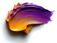Abstract paint stroke blending vibrant purple and orange colors in dynamic wing-like shape against white background, isolated artistic element for graphic design.
