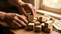 Senior hands arranging wooden alphabet blocks on table near window, elderly person playing educational letter game in warm sunlight.