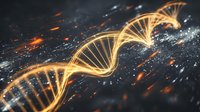 Golden DNA double helix structure with glowing particles and sparks on dark background for genetic research and biotechnology concepts.
