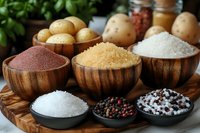 Various types of salt and peppercorns in wooden and black bowls on rustic cutting board with raw potatoes and herbs in background, food seasoning concept.