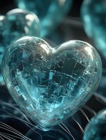 Shattered glass heart with glowing turquoise light effect on dark background, dramatic close-up showing intricate crack patterns and reflective surface details.