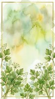 Watercolor botanical frame with soft green and yellow washes, featuring parsley and herb foliage borders on cream background. Suitable for invitations, stationery, and garden-themed designs.