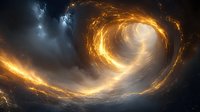Swirling golden energy vortex in dark space with glowing spiral formation and mystical light effects creates dramatic cosmic atmosphere for spiritual designs.