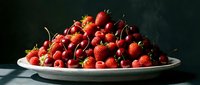 Fresh red strawberries, cherries, and raspberries piled high on a white plate, dramatic dark background with natural sunlight highlighting vibrant colors.