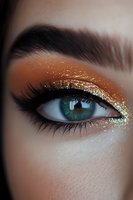 Close-up of green eye with glamorous golden glitter eyeshadow makeup, long black eyelashes, and defined brow against light skin. Professional beauty look.
