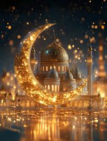 Magical mosque with golden crescent moon illuminated at night, glowing lights and reflections on water surface create mystical Ramadan atmosphere.