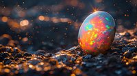 Vibrant opal gemstone on dark textured ground with golden bokeh lights and sparkles in sunset lighting, showcasing iridescent rainbow colors and natural mineral formation.