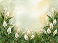 Watercolor peace lily floral border with lush green leaves on soft sage background, copy space for wedding, greeting card or invitation design.