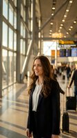 Professional businesswoman with long brown hair in black suit walking through modern airport terminal with luggage for business travel and corporate trips.
