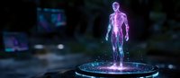 Glowing holographic male figure standing on futuristic platform with purple and blue light effects against dark background, digital technology concept.
