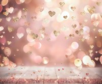 Romantic gold glitter hearts floating on blush pink bokeh background with wooden floor, perfect for Valentine's Day or wedding photography backdrop.