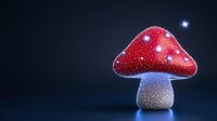 Magical glowing red and white spotted mushroom amanita muscaria with sparkles and light effects on dark background, fantasy nature illustration.
