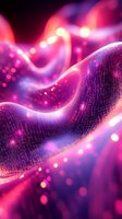 Glowing neon digital waves with vibrant magenta and purple particles flowing across luminous mesh surface, ideal for technology, innovation, and futuristic design projects.