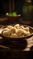 Fresh steamed dumplings served in rustic ceramic bowl on wooden table with moody lighting and chopsticks, traditional Asian cuisine preparation.