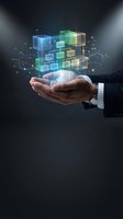 Businessman holding glowing digital cubes and network connections, representing data management, cloud computing, and technology innovation for business solutions.