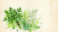 Fresh parsley and dill bouquet tied with twine, watercolor style on beige background with green paint splashes for culinary design.