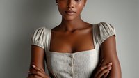 Young African American woman in elegant beige linen dress with puffed sleeves and square neckline, arms crossed confidently against neutral background.