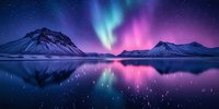 Spectacular aurora borealis dancing over snow-capped mountain peaks reflected in calm lake waters at night, creating magical mirror effect with vibrant purple and green colors.
