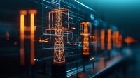 Futuristic power line tower hologram with glowing orange lights and digital blueprint overlay on dark background with bokeh effect. Smart grid concept.