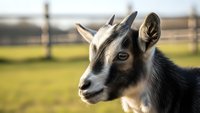 Young goat kid with horns in sunny farm pasture with wooden fence background for agricultural and livestock farming concepts.