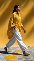 Woman with dark hair and medium skin tone wearing a yellow linen shirt and white pants, walking barefoot on a geometric patterned floor with yellow and gray circles against a yellow background for fashion and lifestyle content.